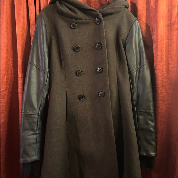 twik Jackets & Blazers - Twik Black Double-Breasted Wool Coat with Leather Sleeves